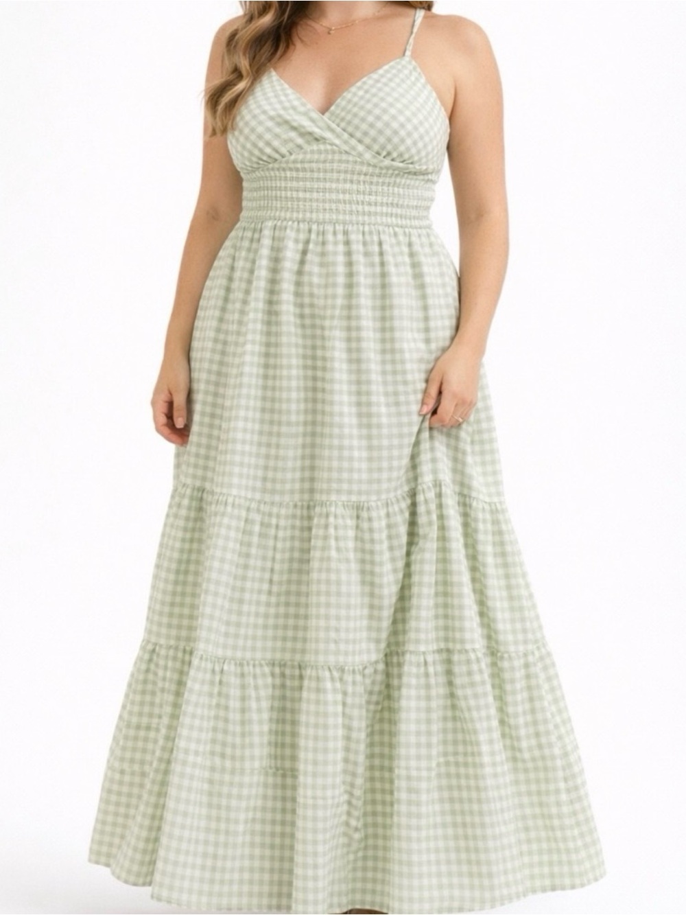 Altar’d State Sage/Ivory Gingham Smocked Tiered V-Neck Maxi Sundress Size L NWT